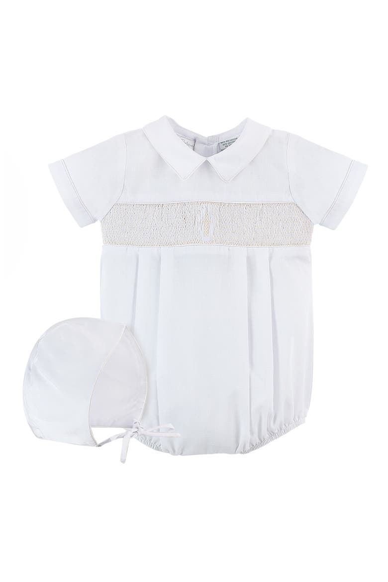 Smocked Christening Bodysuit & Bonnet Set, Main, color, WHITE
