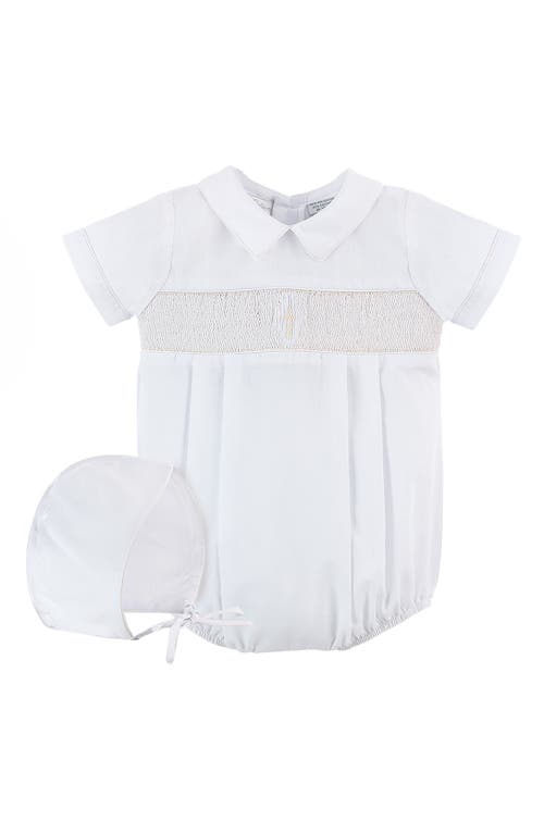 Carriage Boutique Smocked Christening Bodysuit & Bonnet Set in White 