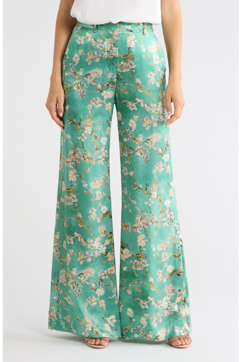 Pilar Wide Leg Silk Pants, Main, color, TEAL WATERCOLOR CHERRY BLOSSOM