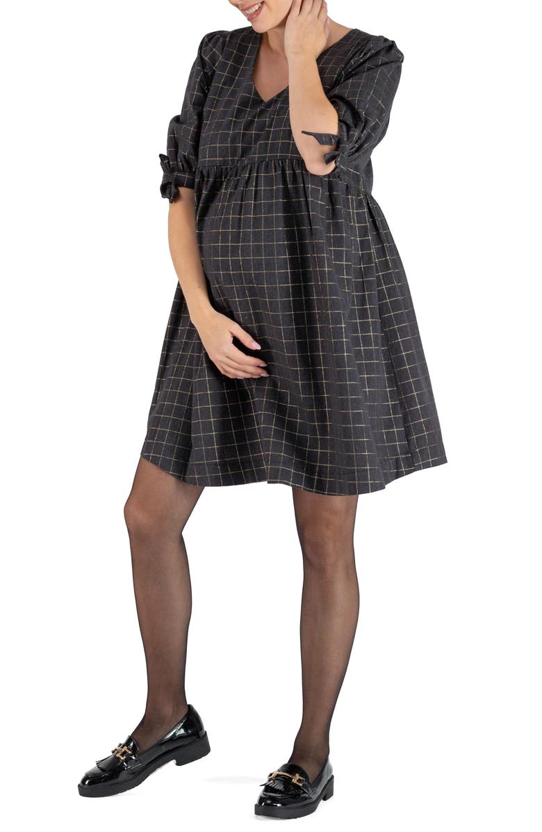 Cache Coeur Janis Windowpane Plaid Tie Sleeve Maternity/Nursing Dress, Main, color, 