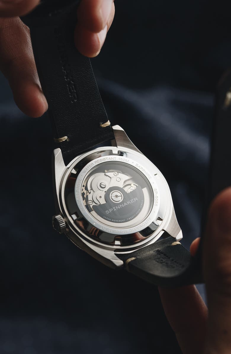 SPINNAKER Fleuss Automatic Leather Strap Watch, 43mm, Alternate, color, Grey