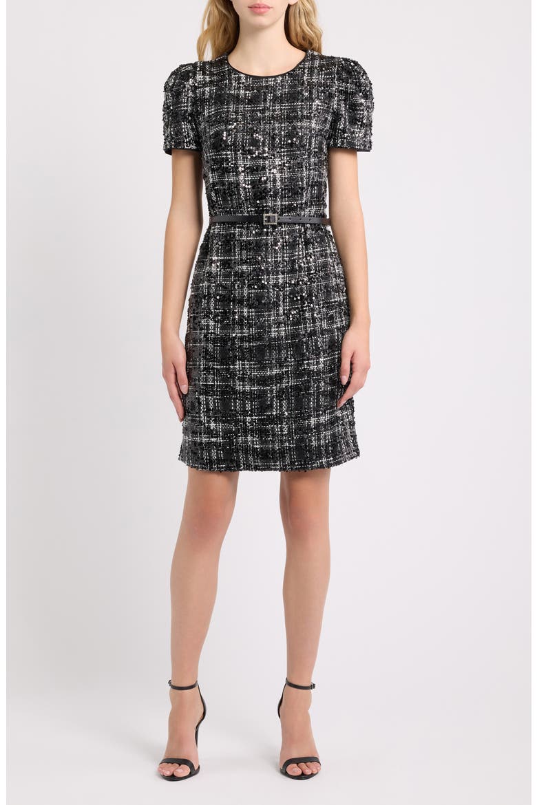 Belted Puff Sleeve Midi Dress, Main, color, ANNE BLACK/ WHITE
