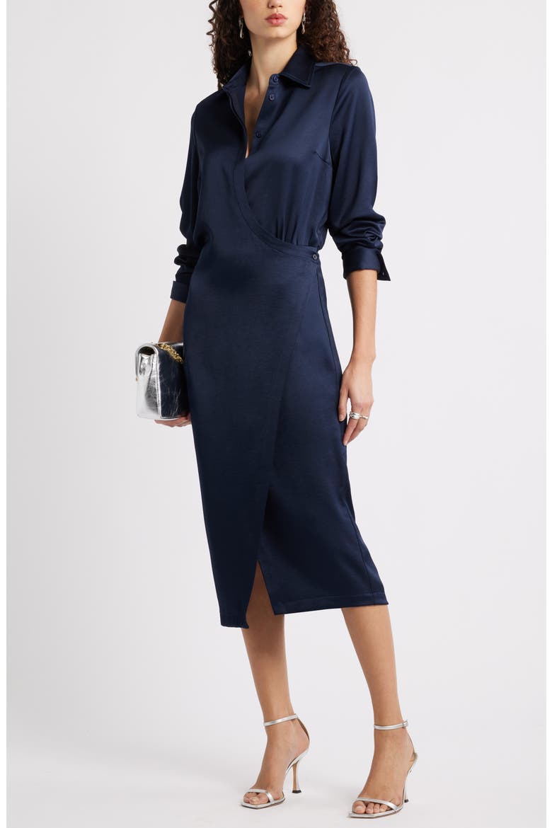 Long Sleeve Faux Wrap Satin Shirtdress, Alternate, color, NAVY NIGHT
