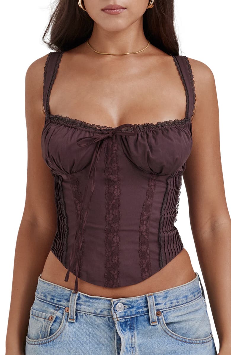 HOUSE OF CB Gini Cotton Blend Corset Top, Main, color, Rich Brown