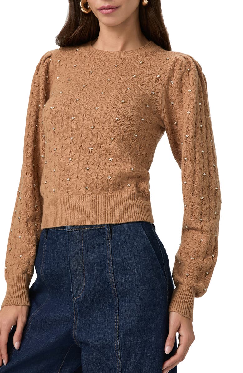 PAIGE Athena Embellished Puff Sleeve Sweater, Alternate, color, Camel