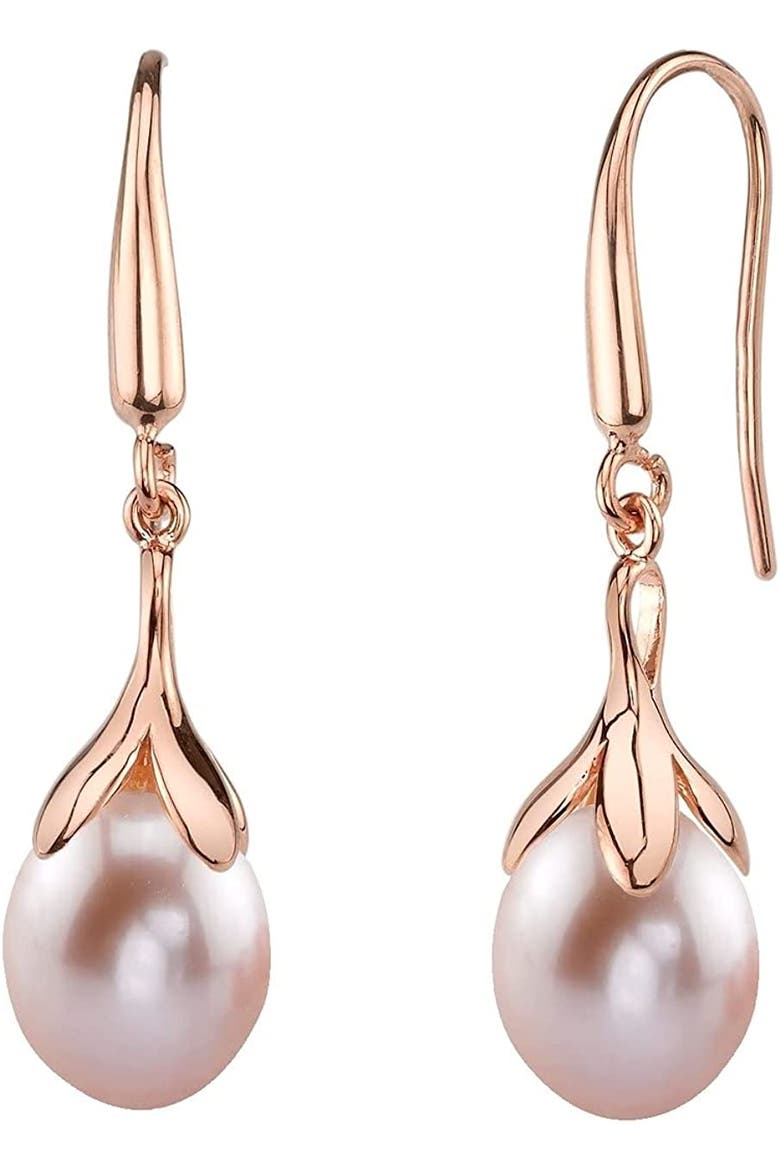 10-11mm Pink Freshwater Pearl Olive Drop Earrings, Main, color, Rose Gold Plated