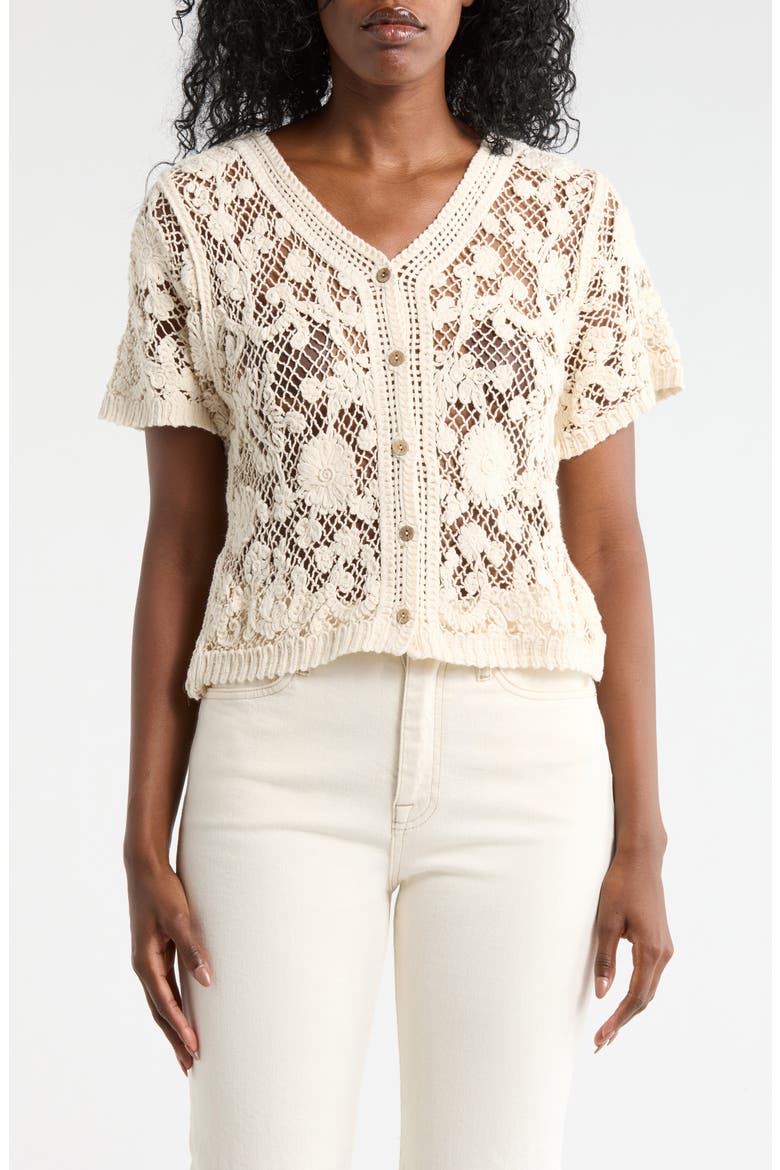 Open Stitch Short Sleeve Button-Up Shirt, Main, color, NATURAL