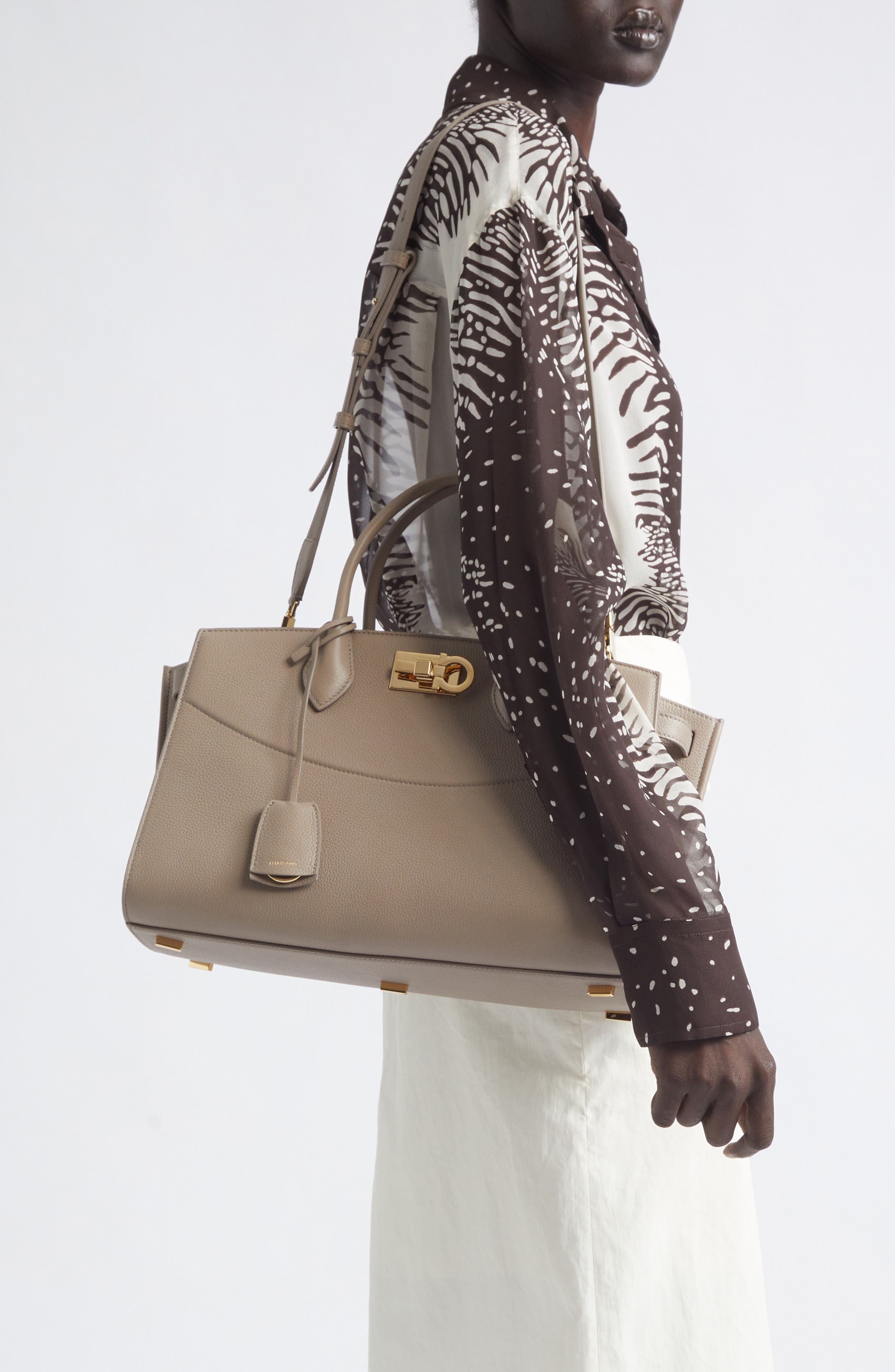 FERRAGAMO Small The Studio Soft Leather Top Handle Bag, Alternate, color, Warm Taupe