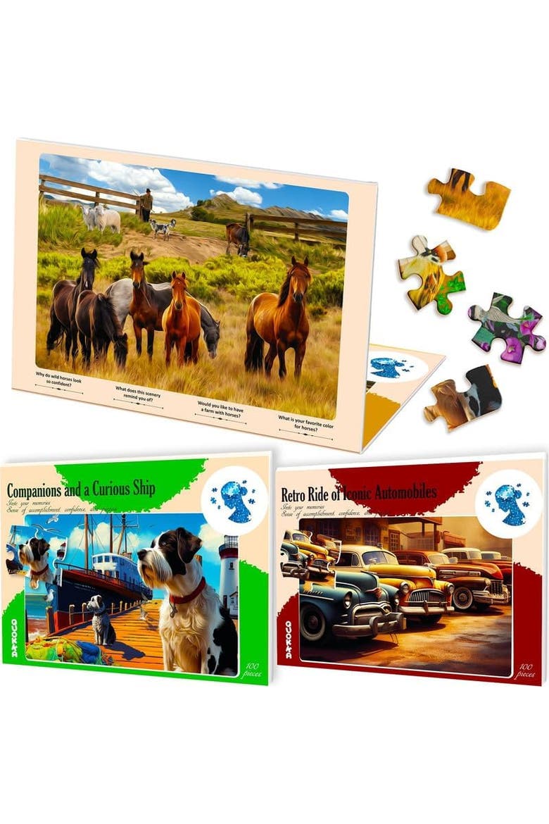 Dementia Puzzle Set for Adults - Large Piece Jigsaw Puzzles for Seniors, Main, color, Horses, dogs and cars