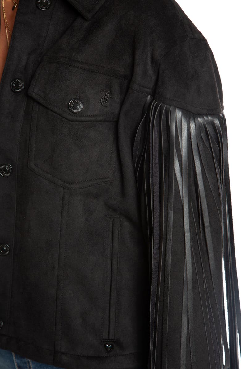 Juicy Couture Fringe Faux Leather Trucker Jacket, Alternate, color, Black