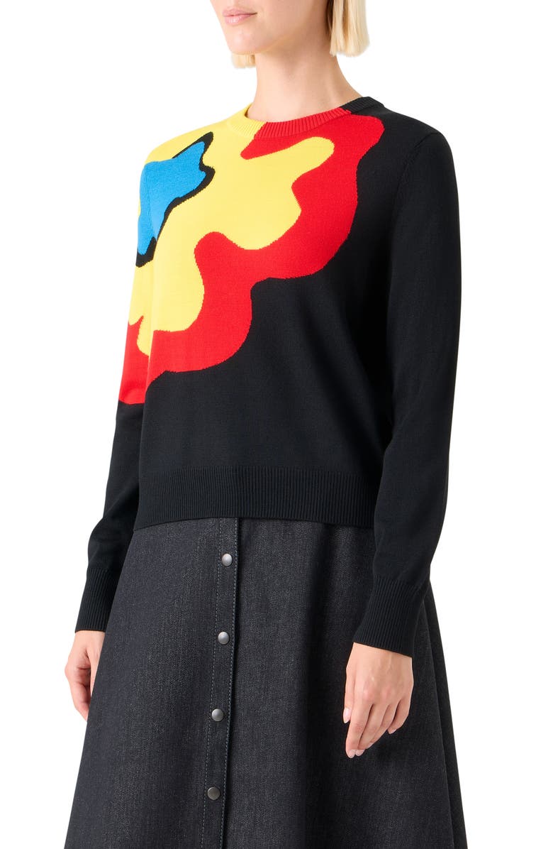 Akris punto Abstract Floral Intarsia Virgin Wool Sweater, Alternate, color, Black-Multicolor