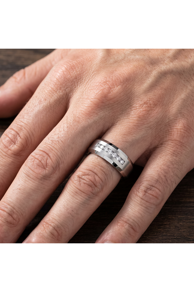 Men's 5/8ct Diamond 8mm Comfort Fit Matte Wedding Ring Titanium Beveled Band, Alternate, color, Titantium
