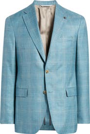 Jack Victor Midland Contemporary Fit Teal Plaid Slub Wool Blend Sport Coat