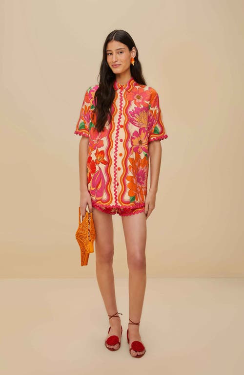 Farm Rio Spring Affair Linen Short-sleeve Buttondown Shirt