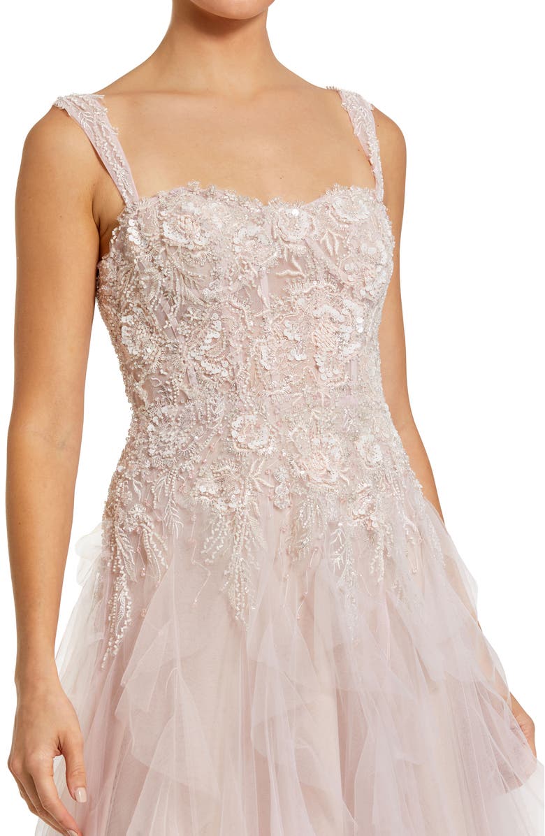 Mac Duggal Thin Strap Bustier Tulle Gown With Ruffle Skirt, Alternate, color, Porcelain Multi