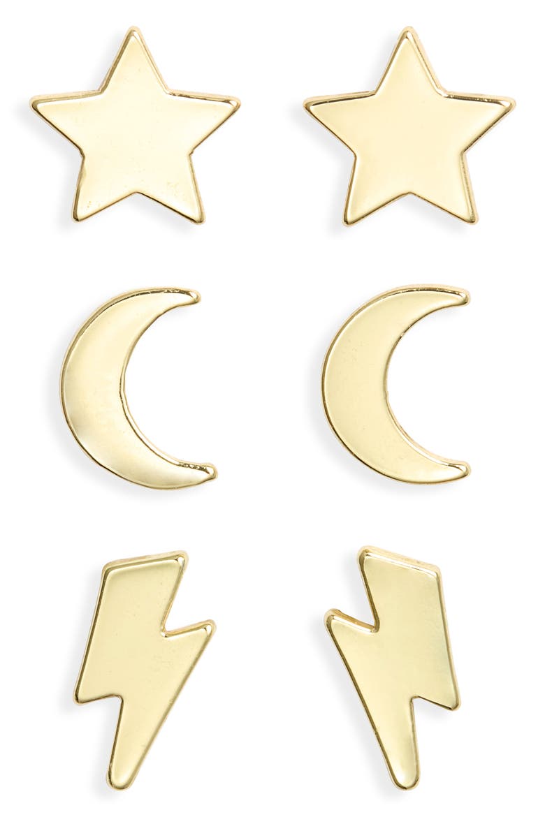 Set of 3 Star, Moon & Lightning Bolt Stud Earrings, Main, color, GOLD- CELESTIAL