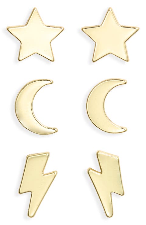 Set of 3 Star, Moon & Lightning Bolt Stud Earrings