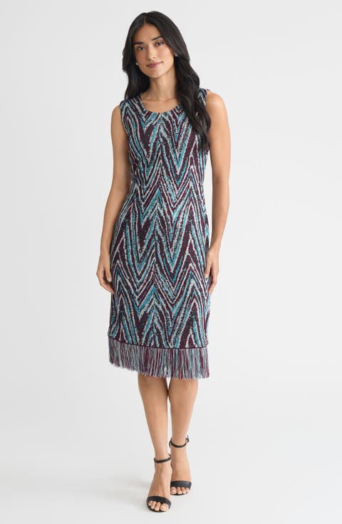 Lurex Fringe Trim Jacquard Knit Sheath Dress