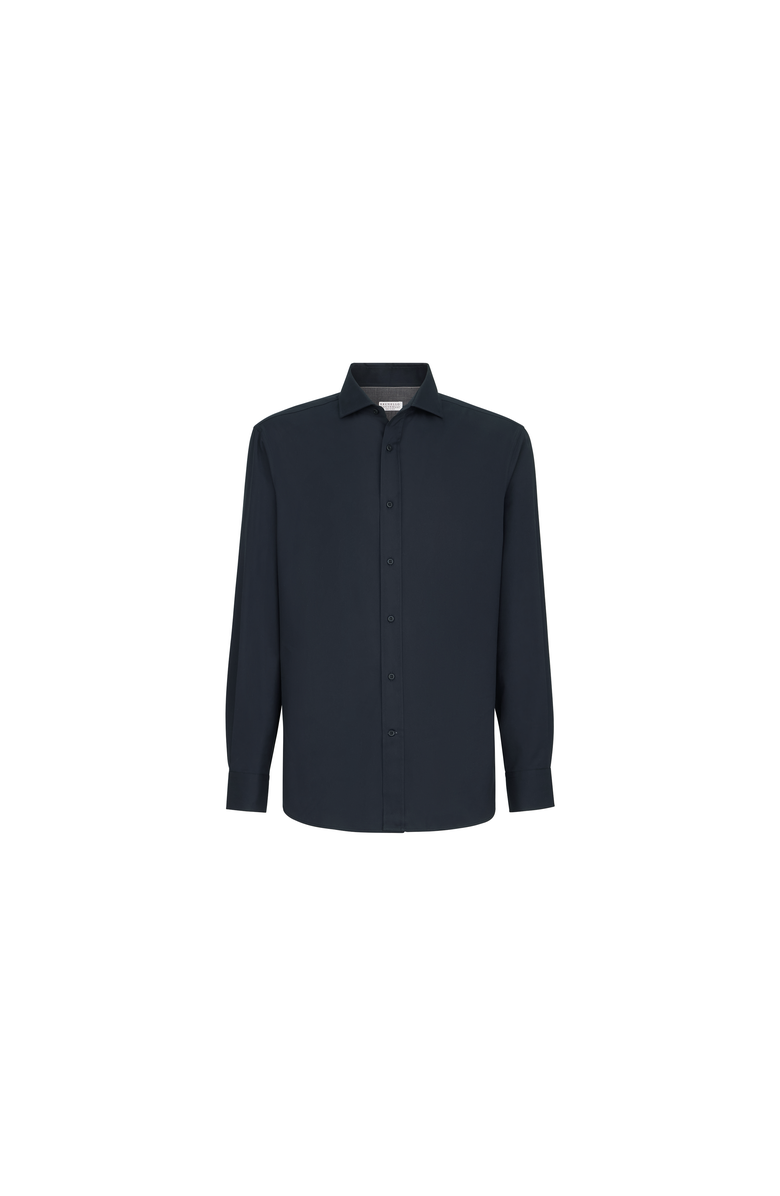Brunello Cucinelli Garment-dyed twill  shirt with spread collar, Alternate, color, Navy Blue