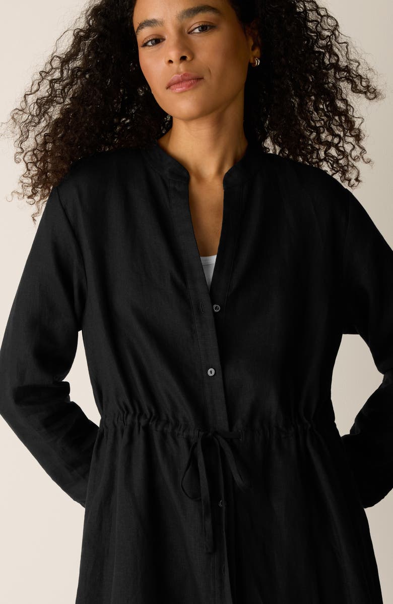 Eileen Fisher Mandarin Collar Long Sleeve Organic Linen Midi Shirtdress, Alternate, color, Black