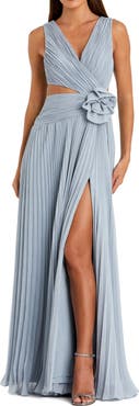 Mac Duggal Pleated Chiffon Cutout Gown with 3D Flower Detail