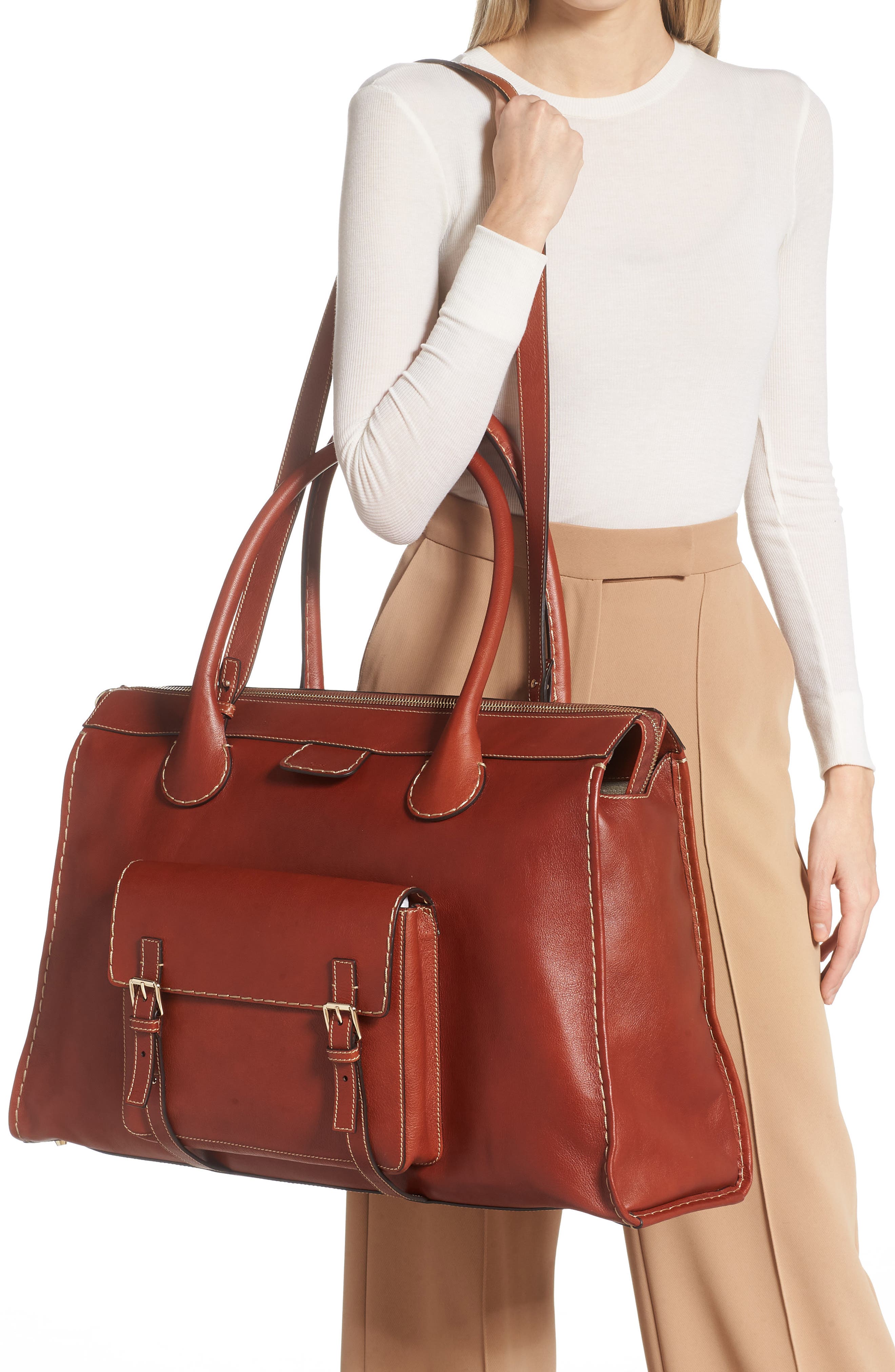 Edith Leather Day Satchel, Alternate, color, SEPIA BROWN