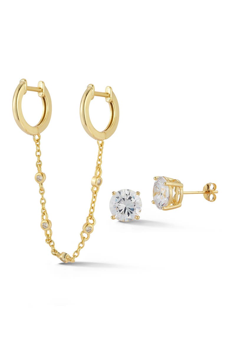 CZ Double Huggie Chain & Stud Earrings Set, Main, color, GOLD