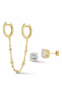 CZ Double Huggie Chain & Stud Earrings Set