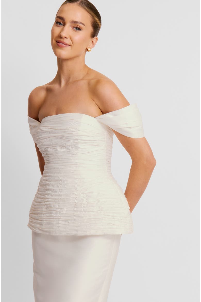 Gathered Bardot Peplum Midi Dress, Alternate, color, White