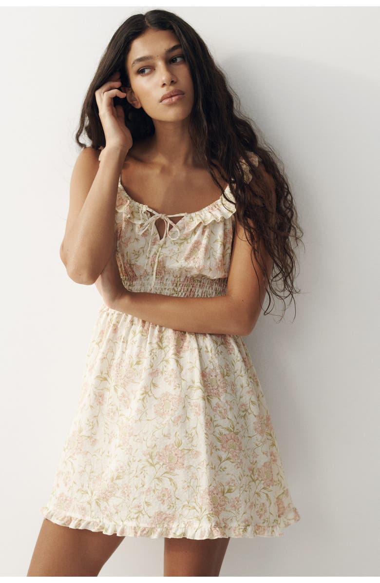 H&M Frill-trimmed Dress, Alternate, color, Light Beige/Floral