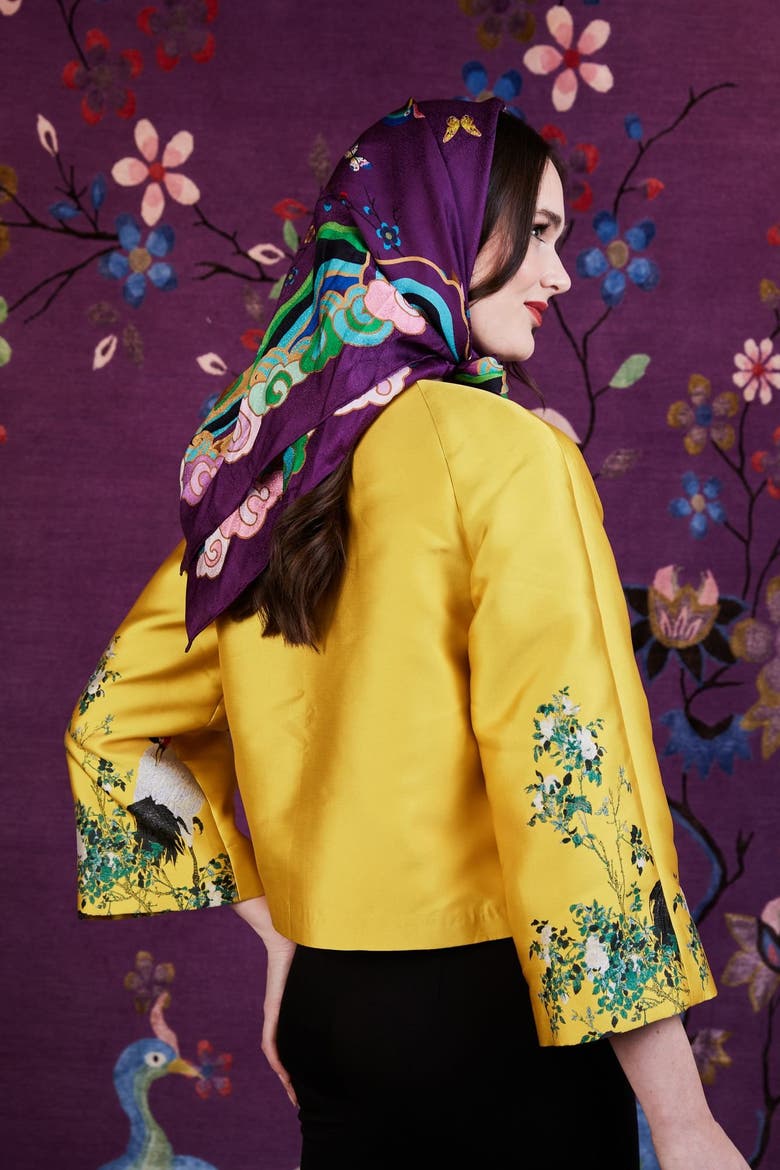 Wendy Morrison X Skylence Kujaku Peacock Silk Scarf, Alternate, color, Purple