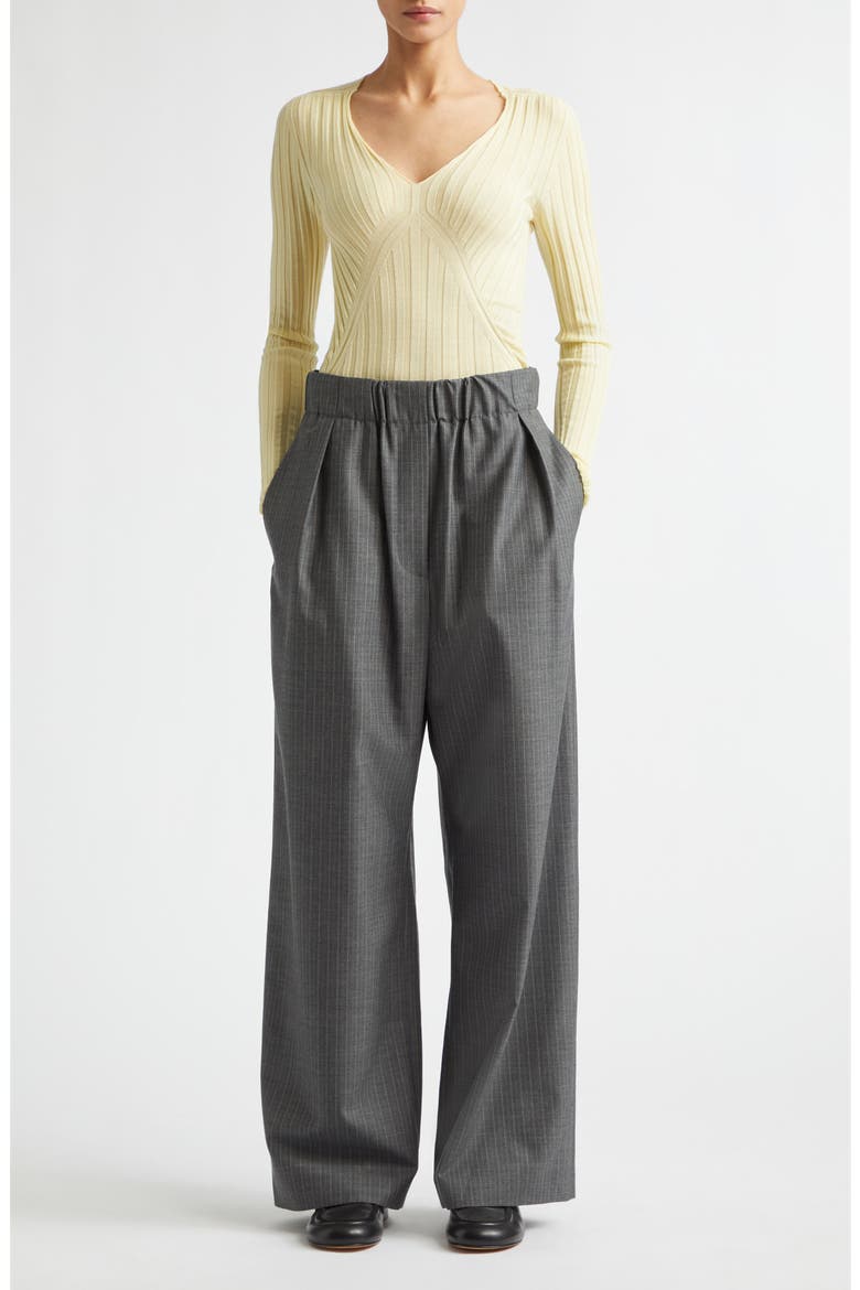 Pleated Pinstripe Elastic Waist Wool Wide Leg Pants, Alternate, color, KOALA