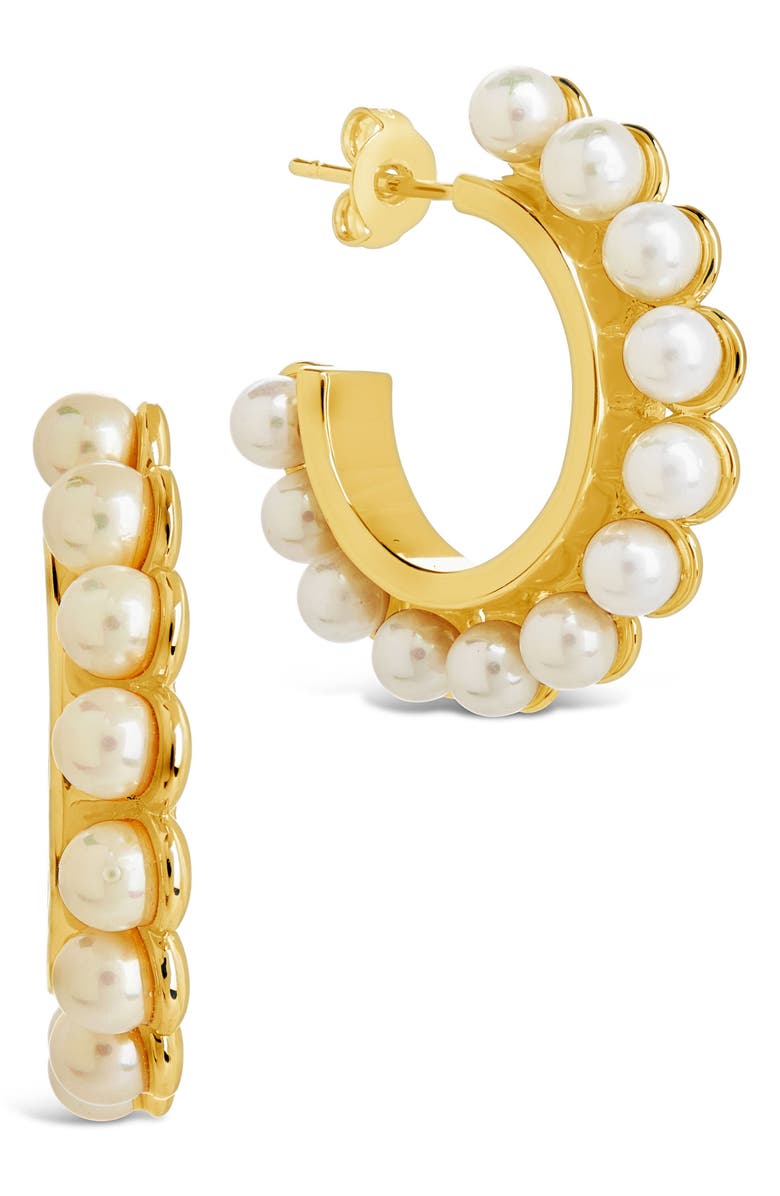 Sterling Forever Imitation Pearl Hoop Earrings, Main, color, Gold