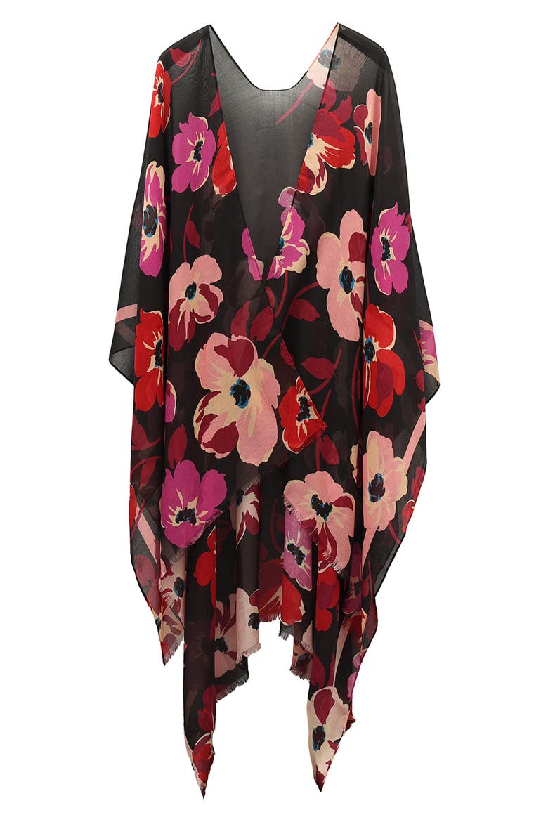 fall poppies silk ruana, Alternate, color, BLACK