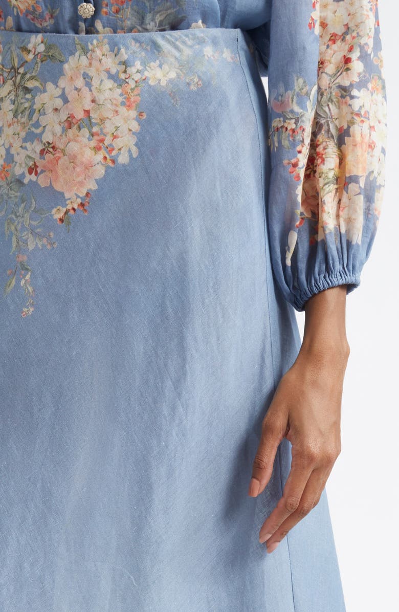 Zimmermann Cascadian Bias Cut Linen Maxi Skirt, Alternate, color, Blue Botanical Floral