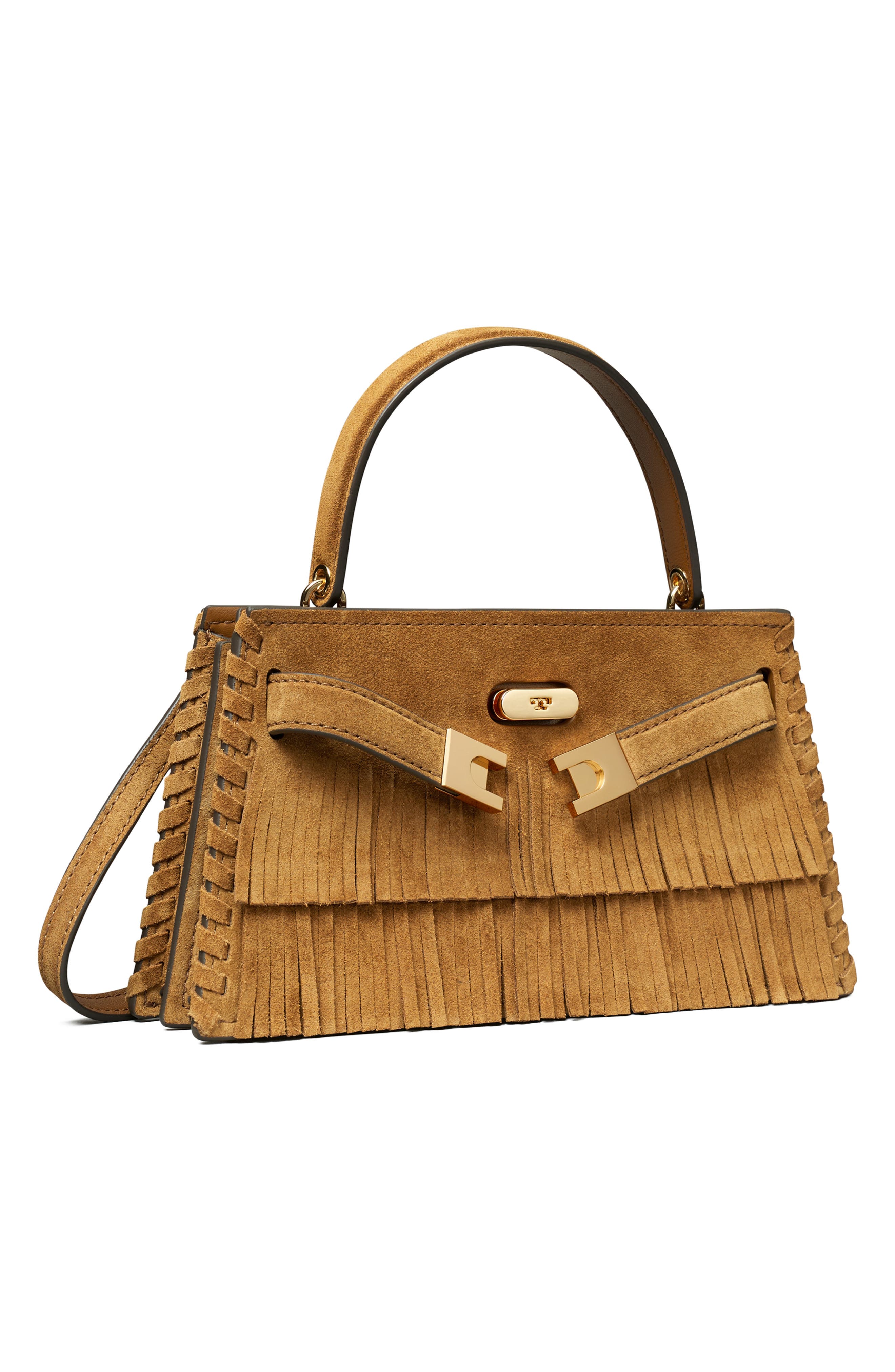 Tory Burch Petite Lee Radziwill Suede Fringe Double Bag, Alternate, color, Wild Tabacco