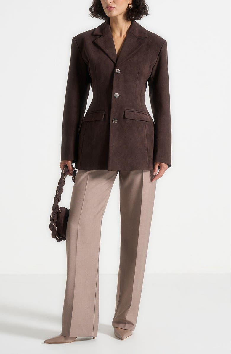 Manière De Voir Claire Suede Wide Shoulder Cinch Waist Blazer, Alternate, color, Brown