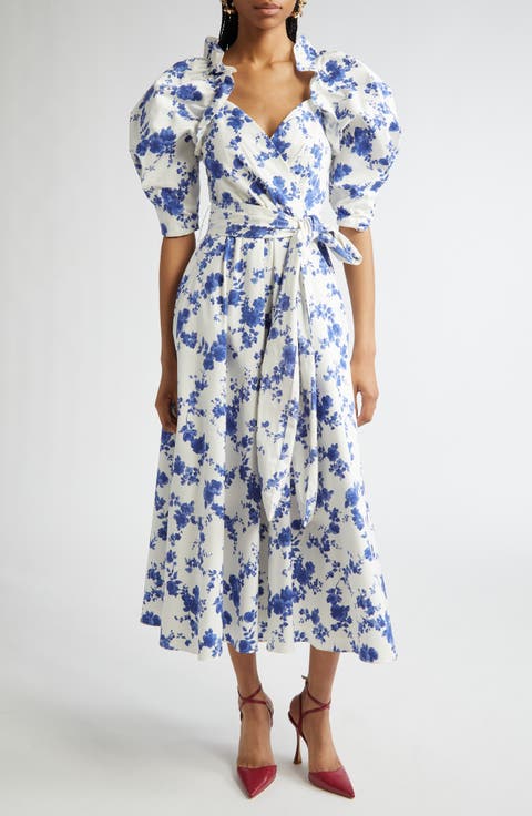 Floral Print Puff Sleeve Faux Wrap Dress