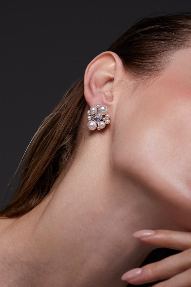 Ingrid Pearl and CZ Cluster Stud Earrings, Alternate, color, Rhodium