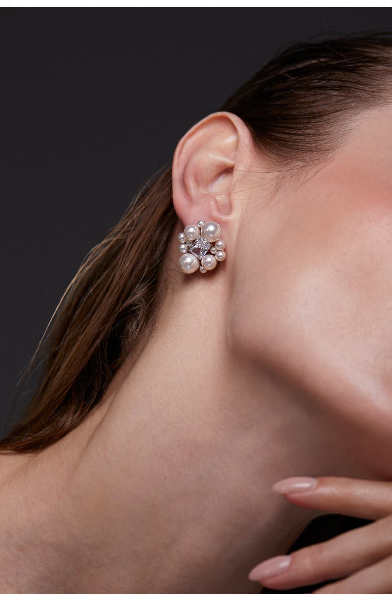 Nadri Ingrid Pearl and CZ Cluster Stud Earrings, Alternate, color, Rhodium