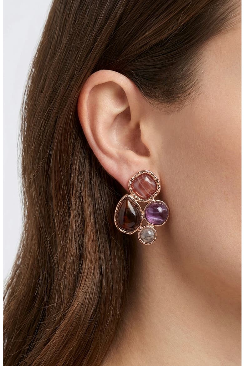 Mixed Stone Cabochon Drop Earrings, Main, color, BROWN/ GOLD