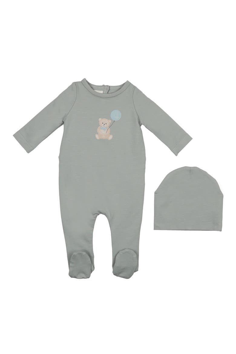 Teddy Print Cotton Blend Footie & Beanie Set, Main, color, STEEL BLUE