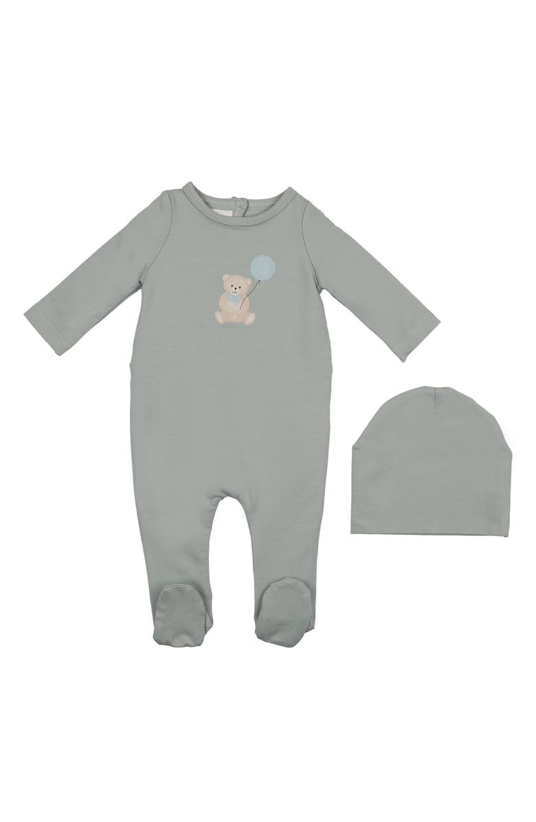 Manière Teddy Print Cotton Blend Footie & Beanie Set, Main, color, Steel Blue