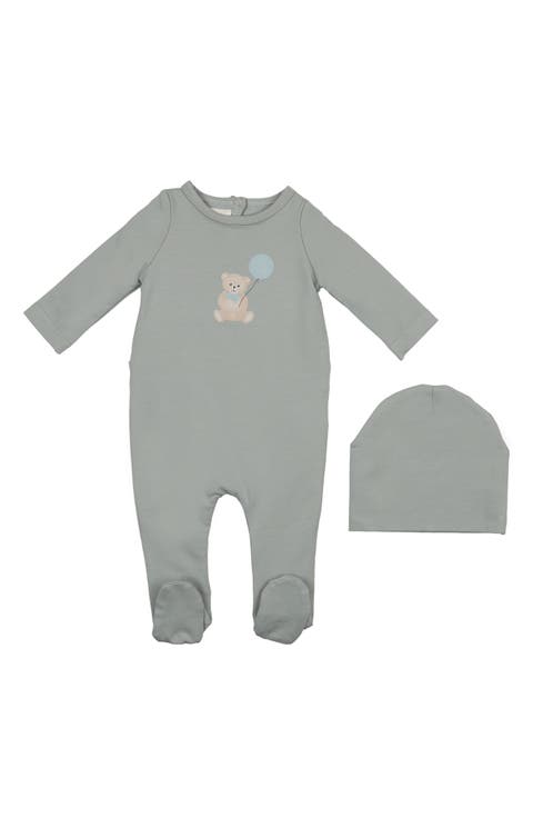 Teddy Print Cotton Blend Footie & Beanie Set (Baby)