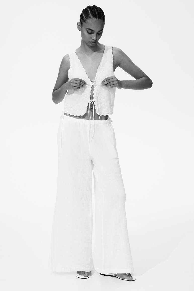 Drawstring-detail Muslin Trousers, Alternate, color, Cream