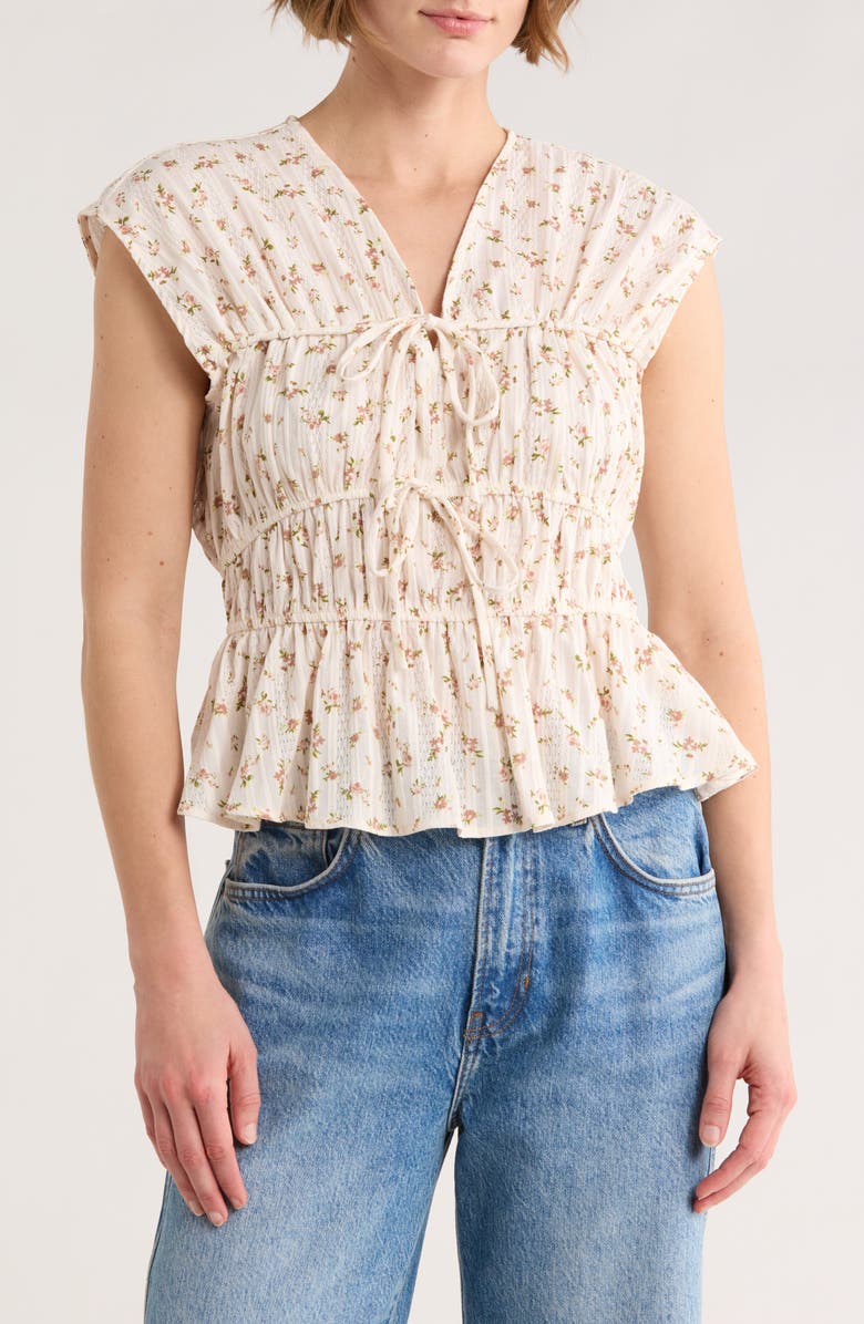 Ellen Tracy Floral Sleeveless Shirred Cotton Top, Main, color, Marshmallow Floral