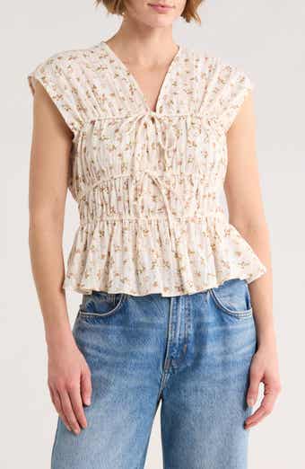 Ellen Tracy Floral Sleeveless Shirred Cotton Top