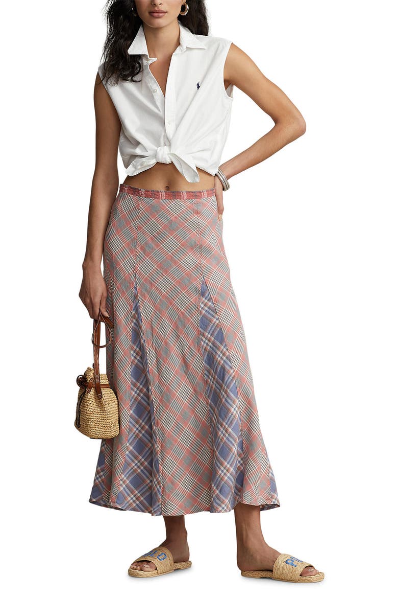Plaid Linen Maxi Skirt, Alternate, color, RED MULTI PLAID PATCHWORK