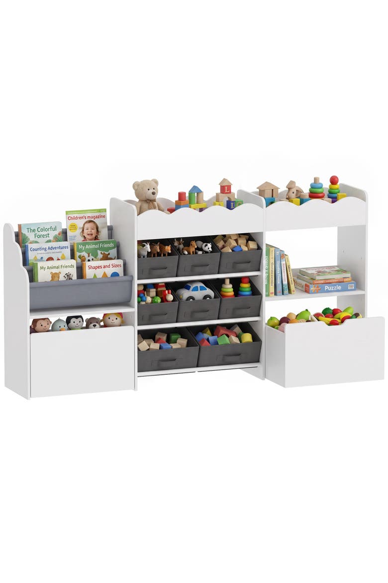 Kids Toy Storage Organizer, Kids Bookshelf with 8 Fabric Bins, 2 Rolling Drawers, Magazine Rack, Open Shelves, for Playroom, Kids Room, White, Main, color, White