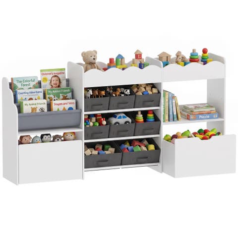 Kids Toy Storage Organizer, Kids Bookshelf with 8 Fabric Bins, 2 Rolling Drawers, Magazine Rack, Open Shelves, for Playroom, Kids Room, White